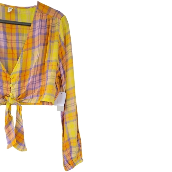 BP NWT M Yellow Multicolor Tartan Plaid Long Sleeve Crop Top Clueless Preppy - Picture 3 of 14